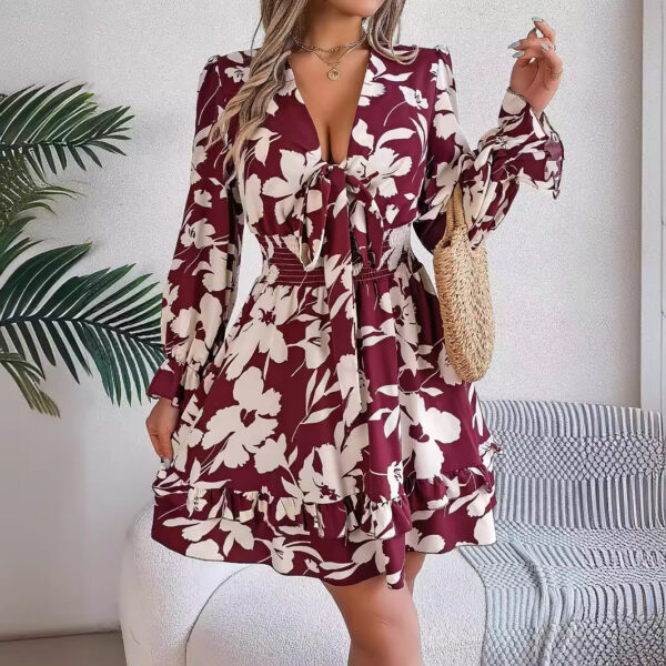 New Floral Printed V-Neck Long Sleeve Dress Fashion Ruffles Bowknot A-Line Short Dress Women's Clothing - Image 2