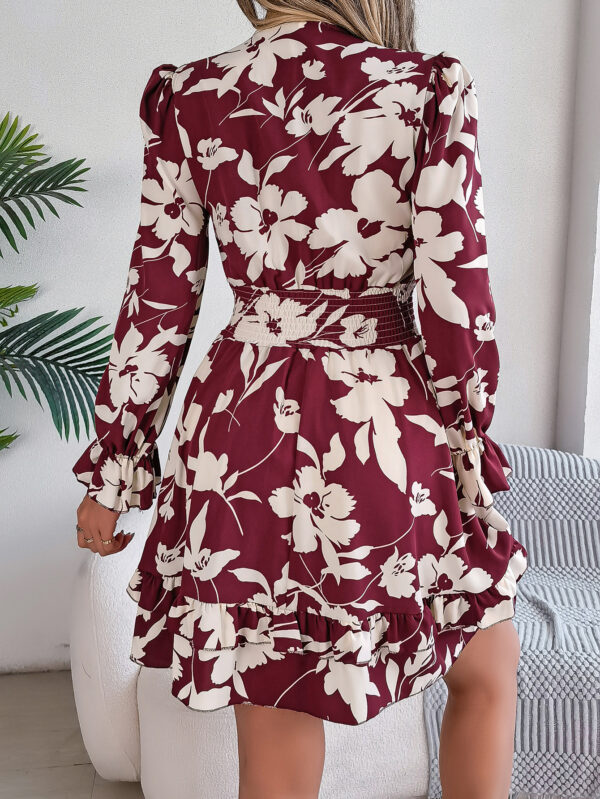 New Floral Printed V-Neck Long Sleeve Dress Fashion Ruffles Bowknot A-Line Short Dress Women's Clothing - Image 4