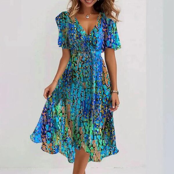 Chiffon Printed Short Sleeve Dress Summer Elegant V-neck Dresses Womens Clothing - Image 8