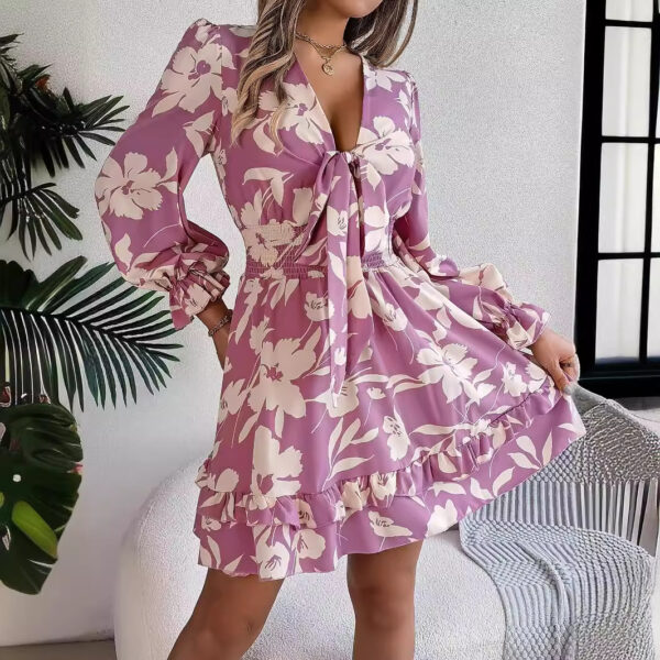 New Floral Printed V-Neck Long Sleeve Dress Fashion Ruffles Bowknot A-Line Short Dress Women's Clothing - Image 6