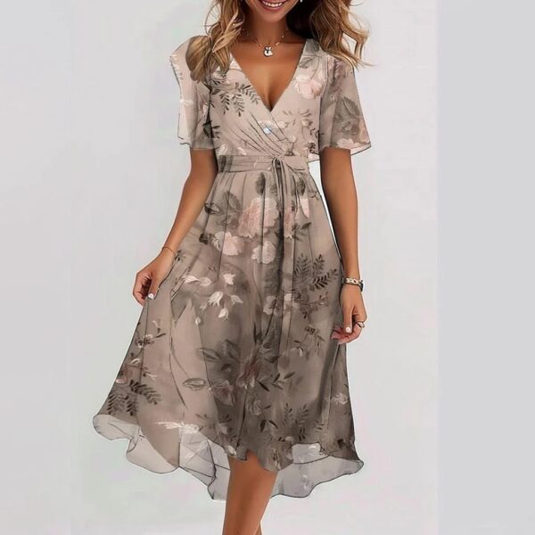 Chiffon Printed Short Sleeve Dress Summer Elegant V-neck Dresses Womens Clothing - Image 5