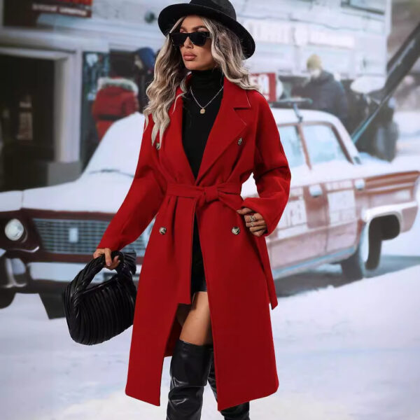 Autumn And Winter Solid Color Double Breasted Lace-up Woolen Coat - Image 3