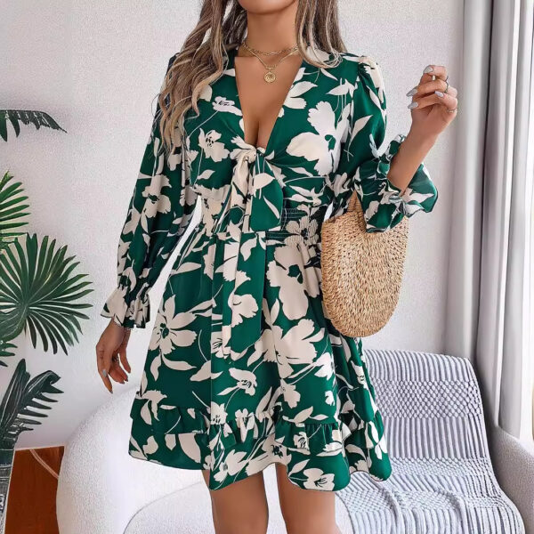 New Floral Printed V-Neck Long Sleeve Dress Fashion Ruffles Bowknot A-Line Short Dress Women's Clothing - Image 5